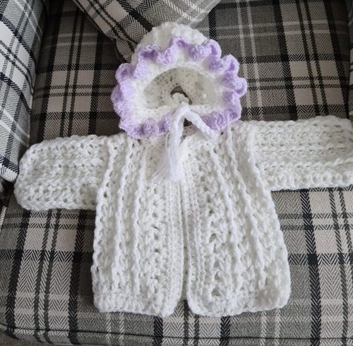 Chris M, baby cardigan & hat, crochet.